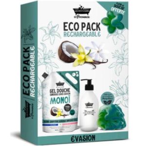 Ageti Eco pack rechargeable avec gel douche monoï 900ml, flacon verre 250ml et une fleur de douche