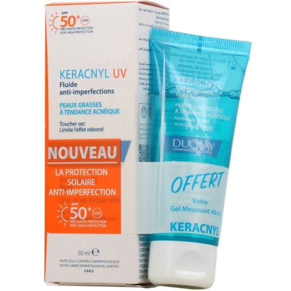 Ducray - Keracnyl UV SPF50+ fluide anti imperfections 50ml + Keracnyl gel moussant 40ml