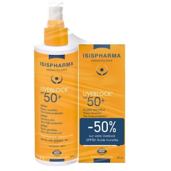 Isispharma - Uveblock SPF 50+ Spray 200 mL + Fluide invisible 40 mL